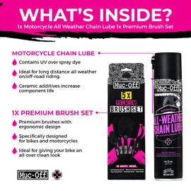 Muc-Off All-Weather Motorcycle Chain Lube 400ml + 5 Brush Set | Premium Synthetic Motorcycle Chain Lubricant | Ceramic Formula & Long-Lasting | Includes Bike Brush Kit