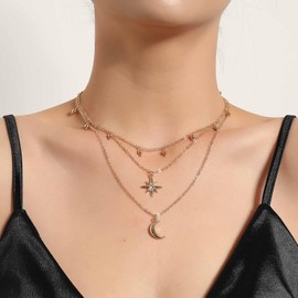 Yheakne Multi Layered Chain Necklace Boho Moon Pendant Necklace Gold Crystal Starburst Choker Necklace Vintage Station Ball Necklace Jewelry for Women and Girls