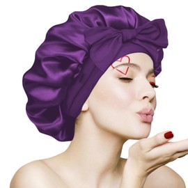Khxriypha Silk Bonnet for Sleeping Women - Adjustable Hair Bonnet for Curly & Natural Hair, Satin Bonnet with Tie Band, Breathable Night Cap for Hair Protection, Purple