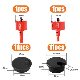 20 Desk Grommet 2 Inch (50 mm) 1.5 Inch(38 mm) + 2 Pcs Hole Saws for Wood Hole Saw, Desk Cord Hole Cover with Metal Hole Saw, Black Computer Table Desk Hole Cover for Cables, Desk Cable Grommets