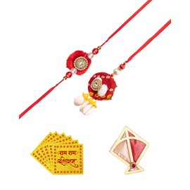 Amelia Rajasthani Bandhej Rakhi Set with Shell Design, Traditional Rajasthani Design with Lumba, Handcrafted Rakhi Set, Complete Rakhi Combo - Red