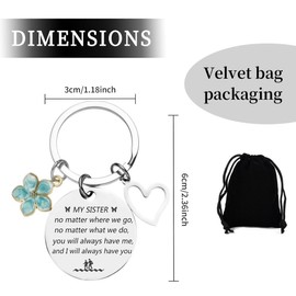 LEEQBCR 1 x Blue Floral Heart Round Keychain, Inspirational Gift for Girlfriend, Mum & Sister, with Black Velvet Pouch