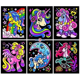 Unicorn Joy - 6 Pack of Fuzzy Velvet Coloring Posters for Kids, Toddlers, Girls (All Ages Arts and Crafts Coloring Activity) Shareable Fun with Rainbow, Moon, Mermaid, Flower, and More