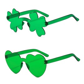 IKANOO 2 Pcs St. Patrick's Day Irish Shamrock Sunglasses Green Clover Glasses for St. Patrick's Day Accessories Party Sunglasses (Four Leaf Clover+Heart)