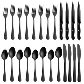 LAIION Black Silverware Set,24-Piece Stainless Steel Flatware Set,Kitchen Utensil Set Service for 4,Tableware Cutlery Set for Home and Restaurant, Dishwasher Safe Mirror Finish Cutlery Set