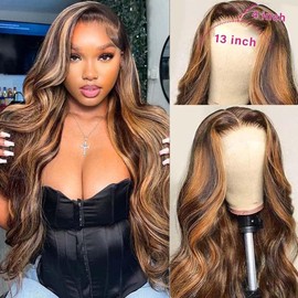 newnavat Honey Blonde Lace Front Wig Human Hair Glueless Wigs Human Hair Pre Plucked 13x4 HD Body Wave Lace Front Wigs 4/27 Colored Highlight Ombre Lace Front Wigs For Black Women Human Hair (20in)
