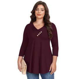 LARACE Plus Size 3/4 Sleeve Womens Tops for Fall Spring, Casual Flowy Women's V-Neck Shirts Tunic Top to Wear with Leggings (BurGundy 6X)