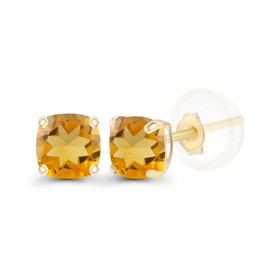 14K Yellow Gold Plated Sterling Silver 4mm Cushion Natural Citrine November Birthstone Genuine Stud Earrings For Women