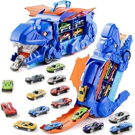 Bebeay Dinosaurios Juguetes para Niños, 13 en 1 Camión de Juguete de Dinosaurios de 3,4,5 y 6 Años, Carritos de Dinosaurio con 12 Coches, Dos Pistas para Juego, Juguetes de Regalo para Niños y Niñas