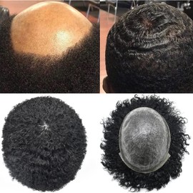 SINGA HAIR Hair Units for Black Men Afro Toupee for Black Men Kinky Curly Human Hair Piece Replacement African American Afro Wavy Mens Toupee Full Poly Thin Skin (8MM Afro Wave, 1B# Natural Black)