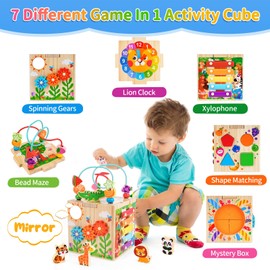 KMTJT Wooden Activity Cube | Montessori Toys for 1-2 Year Old Toddlers | One Year Old 1st First Birthday Gift | Developmental Toys for 12 Months Baby Boys Girls | Bonus Sorting & Stacking Board (Blue)