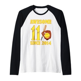 Awesome 11 Year Old Since 2014 11th Birthday Softball Theme Raglan Baseball Tee