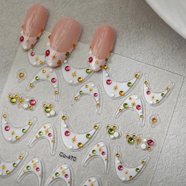 White French Tip Nail Stickers Colorful Nail Decals with Star Design Rhinestone Nails Art Sticker 5d Self Adhesive Nails Stickers for Women Girls Supply Manicure Charms Nails Art Decals