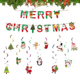 Bliceon 25PCS Christmas Banner and Ceiling Hanging Foil Swirl Paper Decoration, Merry Christmas Snowman Elk Sign Hanging Xmas Swirls Ceiling Decorations Christmas Holiday Party Decoration Supplies