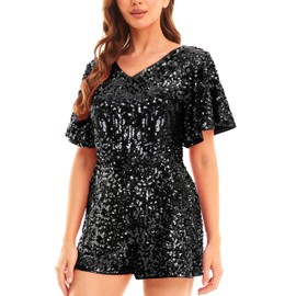 MANER Women’s Sequin Romper Sparkly Short Jumpsuit Party Concert Outfit With Flutter Sleeve (Black, X-Large)