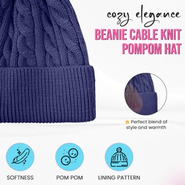 Prime Fashions Beanie Hats for Women, Bobble Hat Women with Knitted Lined, Warm Winter Hats for Men Women Soft Ski Cuff Cap with Pom Pom Blue