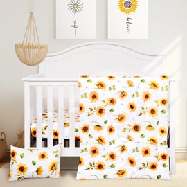 JISEN 3 Piece Crib Bedding Set Soft Baby Crib Bedding Set Floral Crib Comforter Set - Crib Comforter Crib Sheet Pillowcase Nursery Bedding Sets for Baby Girls or Boys Sunflowers