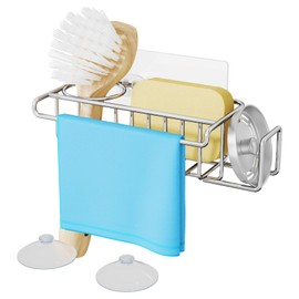 HapiRm 4 in 1 Sink Caddy Sponge Holder, SUS304 Stainless Steel Kitchen Brush Holder + Dish Cloth Hanger + Soap Rack + Sink Stopper Rack + Sponge Caddy for Kitchen - Silver