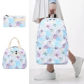 Fuyicat Marble Butterfly School Backpack Set for Girls, 3-in-1 Kids Teens Elementary Middle School Bags Bookbag with Lunch Bag Pencil Case (Blue)