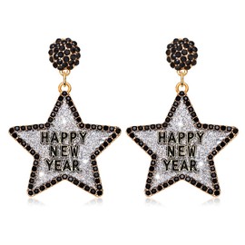 Happy New Year Earring for Women Glitter Rhinestone Star Dangle Earrings Holiday New Year’s Eve Earrings Festive Party Jewelry Gifts (Silver)