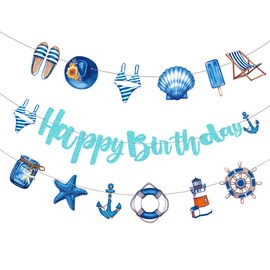 Nautical Theme Birthday Party Banners Nautical Anchor Glittery Blue Sailor Happy Birthday Banners Boat Ocean Pattern Happy Birthday Party Hanging Decoration for Cruise Sailor Theme Birthday Party Supplies