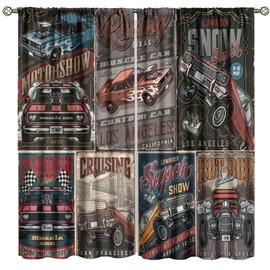 Retro Car Curtains, Vintage Wild and Cool Modified Car Culture Poster Pattern Window Treatments, Car Theme Print Blackout Drapes 2 Panel Set for Living Room Bedroom Kitchen21 W X 45" L