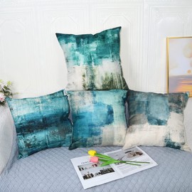 QUALKNOY Set of 4 Cushion Covers 16"x16" Teal Linen Modern Abstract Art Decorative Throw Pillow cases 40 x 40cm for Living Room Outdoor Decor Cushions