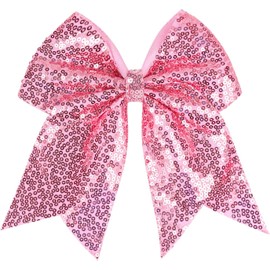 Jumbo Glitter Cheer Bow Clip - 7 Inch Large Cheerleading Sequin Hair Bow with Tails for Girls Teen Softball Cheerleader Outfit Uniform (Pink, 1 Pcs)