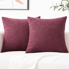 Mixhug Decorative Boucle Throw Pillow Covers, Burgundy Red, 18 x 18 Inches, Pack of 2 - Textured Boho Pillow Covers for Couch and Bed