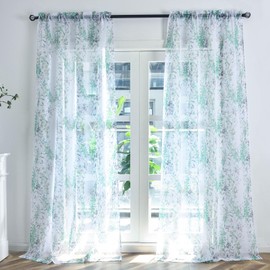 Kotile Green White Sheer Curtains, Country Branch Leaf Print Sheer Curtains 63 Inch Length for Bedroom, Rod Pocket Privacy Floral Sheer Window Curtains, 50 x 63 Inch, 2 Panels, Green