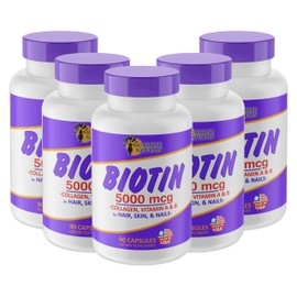 Sunshine Naturals Biotin Dietary Supplement. for Healthier Skin, Fast Hair and Nails Growth. Enriched with Collagen, Vitamin A and B. 5000 mcg. 90 Capsules.. Pack of 5