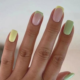 SINHOT Square Press on Nails Medium - Green Yellow Fake Nails Glossy Glue on Nails Summer Acrylic Nails Squoval Artificial Nail Art French Tip Stick on False Nails with Design DIY 24 pcs