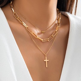Gold/Silver Cross Layered Necklace for Women 14K Dainty Gold Necklace Pendant Gold Chain Choker Necklace Trendy Dainty Snake Chain Layered Necklaces Jewelry Set Women Gifts (Style 3)