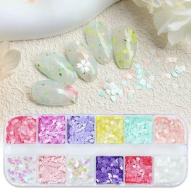 Lentejuelas de uñas con purpurina de flores, 3 cajas holográficas de corazón, diseño de copos de uñas rosa y morado, calcomanías de lentejuelas de mar