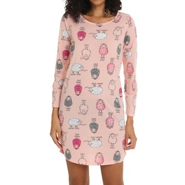 MIA LUCCE Women's Nightdress with Cute Prints, Long Nightdress with Crew Neck, Pink Sheep