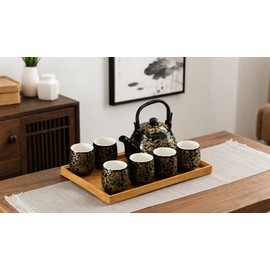KEYDUACU Japanese Tea Set, Kiln-Formed Ceramic Tea Set, Plum Blossom Embossed, Includes 1 Teapot, 6 Teacups,Tea Tray,Strainer, Used for home, outdoor, gift, Chinese Tea Set(BLACK GOLD)