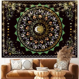 LANG XUAN Boho Sun Moon Phase Tapestry for Bedroom Aesthetic Green Butterfly Plant Floral Tapestries Wall Hanging Decor Mushroom Large Wall Tapestry for Living Room Dorm (Green, 36'' x 48'')