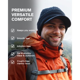 TOP-EX Winter Hats with Brim for Men Women - Merino Wool Beanie Knit Stocking Cap with Visor Bill, Warm Brimmed Golf Beanie for Cold Weather L Navy Blue