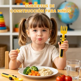 Juego de Cubiertos para Niños con Temática de Construcción, 3 Piezas (Cuchara, Tenedor, Pala), Sin BPA, Fomenta la Alimentación Autónoma de los Pequeños, Apto para Lavavajillas,