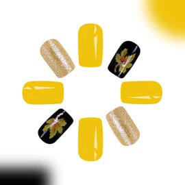 Press on Nails Medium Square Fake Nails Yellow Nails Press ons Glitter Glue on Nails Thanksgiving False Nails with Maple Leaves Designs Fall Acrylic Stick on Nails for Women 24Pcs
