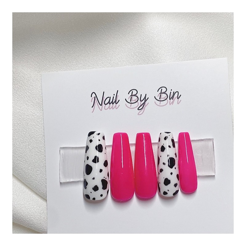 [Handmade Nail Tips] Hot Pink Cow Nails - Almond /
