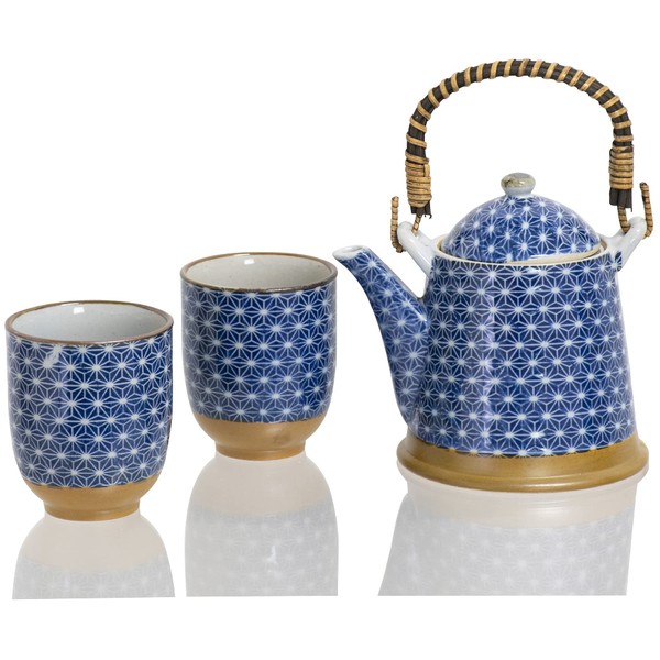 Sai-noki Mino Ware Tea Set with Cosmetic Box (1 Earthenware / 2 Tea Cups / Blue) Color Hemp Leaf Pottery Tea Japanese Tea for Guests (Made in Japan) Gift Present