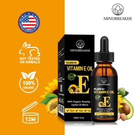 Vitamin E Oil 35,000 IU + Organic Rosehip and Jojoba Blend - 100% Pure Plant Extracts, Moisturising Oil for Skin and Face (60 ml)