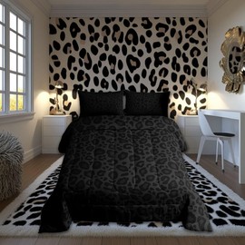 Leopard Print Kids Comforter Set Twin Size,Abstract Cheetah Skin Texture Bedding Set,Girls Boys Women Room Decor,Rustic Farmhouse Retro Down Comforter,Black Noble Duvet Insert,1 Pillowcase
