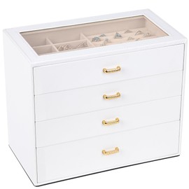Kendal 4-Layer Jewelry Box with Drawer, Jewelry Holder Organizer with Glass Lid, Elegance White & Gold, Gift Idea, Christmas Gifts, for Earrings Bracelets Rings Sunglasses LJC4WGWH