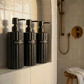 Stylish Shampoo and Conditioner Dispenser Set of 3 - Modern 19oz Shower Soap Bottles with Pump and Labels - Easy to Refill Body Wash Dispensers for an Instant Bathroom Decor Upgrade