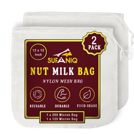 SUFANIQ Nylon Nut Milk Bag - 2 Bags (12 x 12 Inches) 100% Pure Nylon Bag for Straining, Premium Quality Nut Milk Bag Reusable, Nut Bag Strainer for Almond, Soy, Oat Milk, Juices, Cheese Making