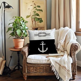 7COLORROOM Set of 4 Nautical Throw Pillow Covers Coastal Sailing Anchor/Compass Cushion Cover Ocean Theme Beach House Decor Pillowcases 18”x18” for Sofa Couch Patio(Black)
