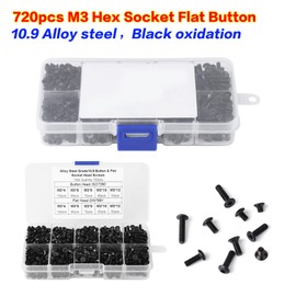 720pcs M3 4/6/8/10/12 Alloy M3 Screw Pair M3 Torx Screws Steel Flat Button Head Hex Socket Screws Bolts Nuts Assortment Kit with Plastic Box