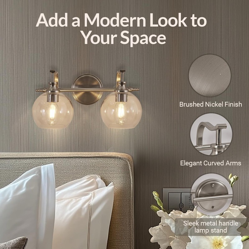 ANDY STAR Brushed Nickel Bathroom Light Fixture, 2 Light Bathroom